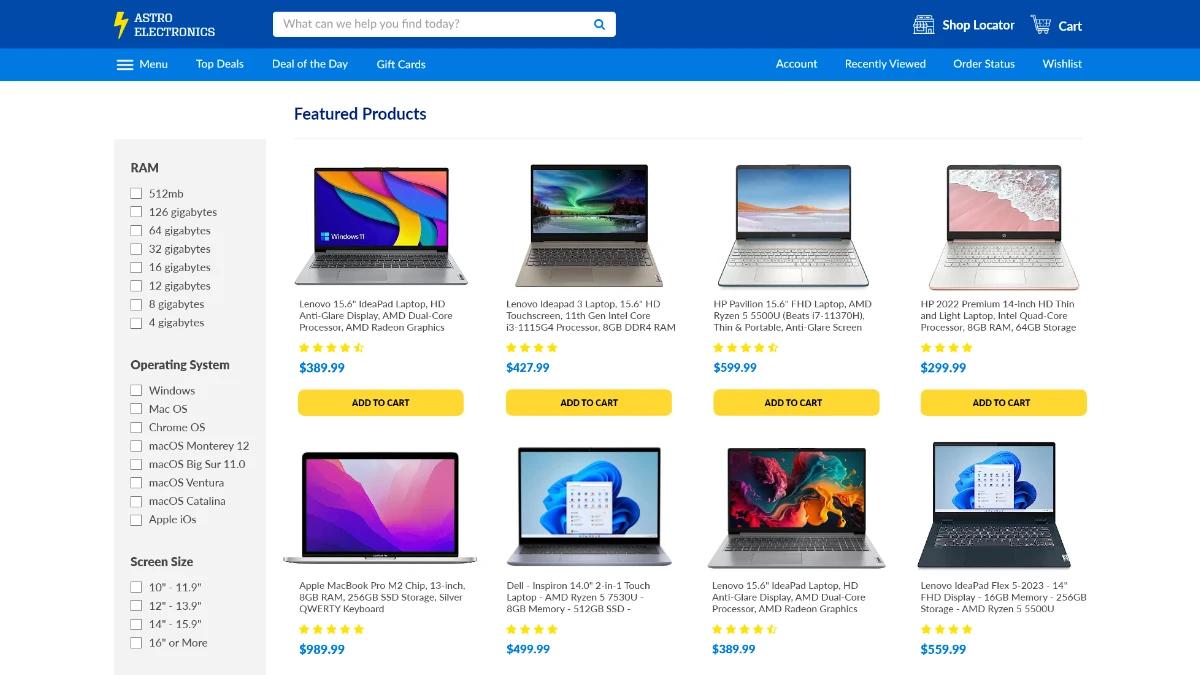 Screenshot of an E-commerce page using Caspio's Star Rating customization.