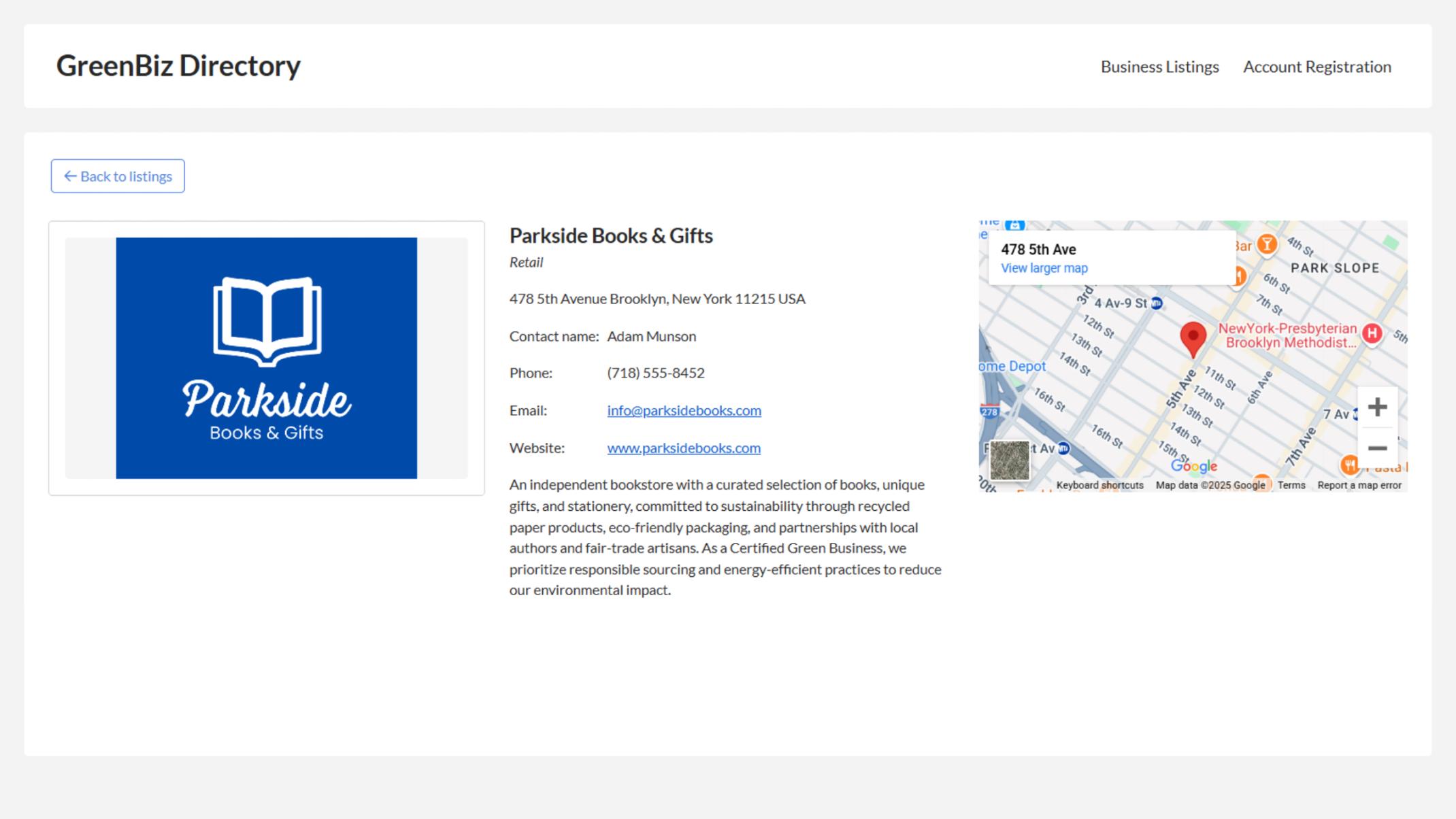 Users can view business details including contact information, website and location.