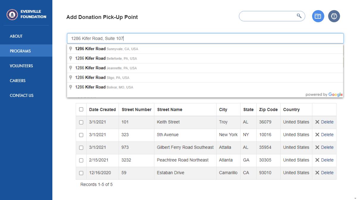 Screenshot of a sample portal using Caspio's Address AutoComplete customization.