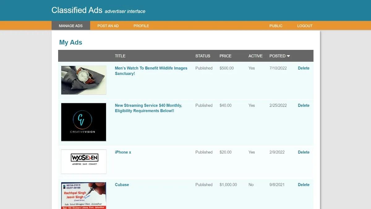 Screenshot of a sample ads manager interface on Caspio's Classified Ads app.
