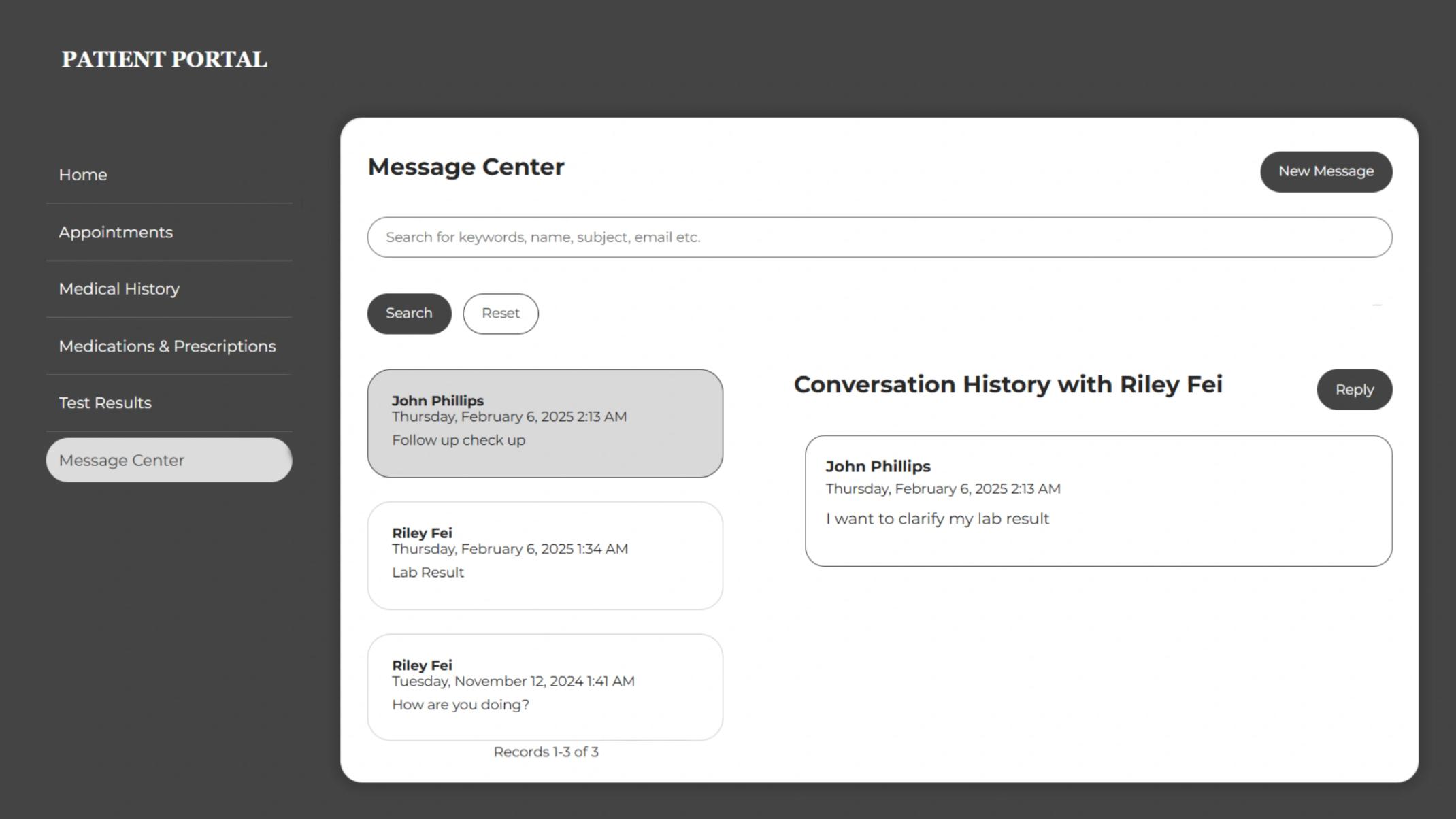 Message center displaying conversation history, search functionality and new message options.