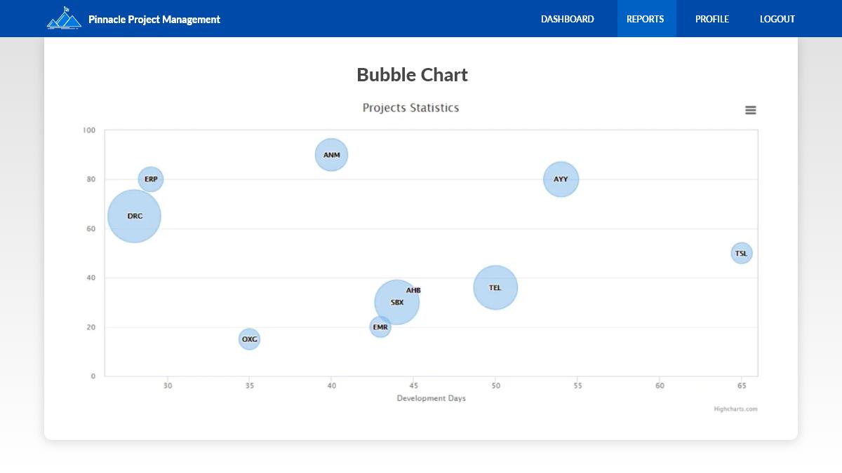 Screenshot of a sample Reports page using Caspio's Bubble Chart customization.