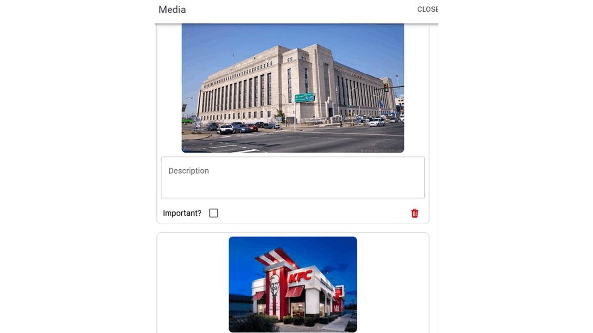 Media screen in the WorkMovr Field Service mobile app, presenting inspection photos with description fields, an Important flag, and per-image delete controls.
