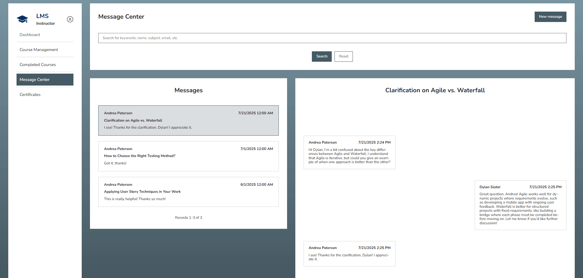 Message center enabling instructors and learners to search past conversations, manage messages, and respond within a threaded discussion view.