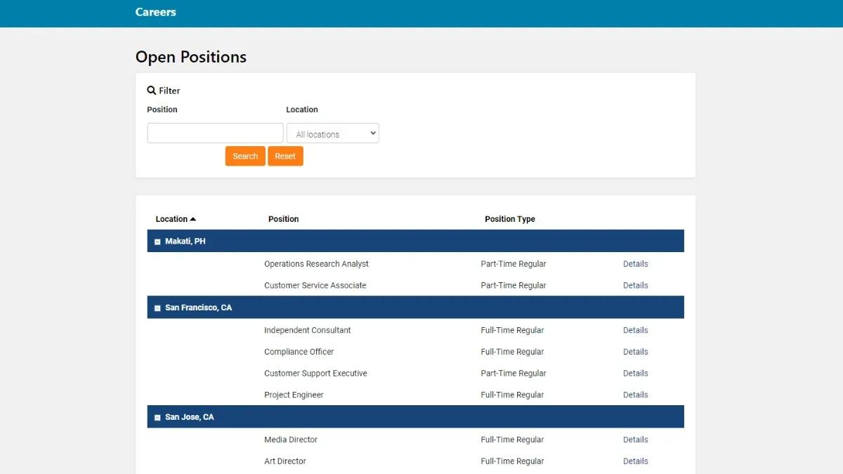 Screenshot of a sample open positions listing on Caspio's Recruiting Management app.
