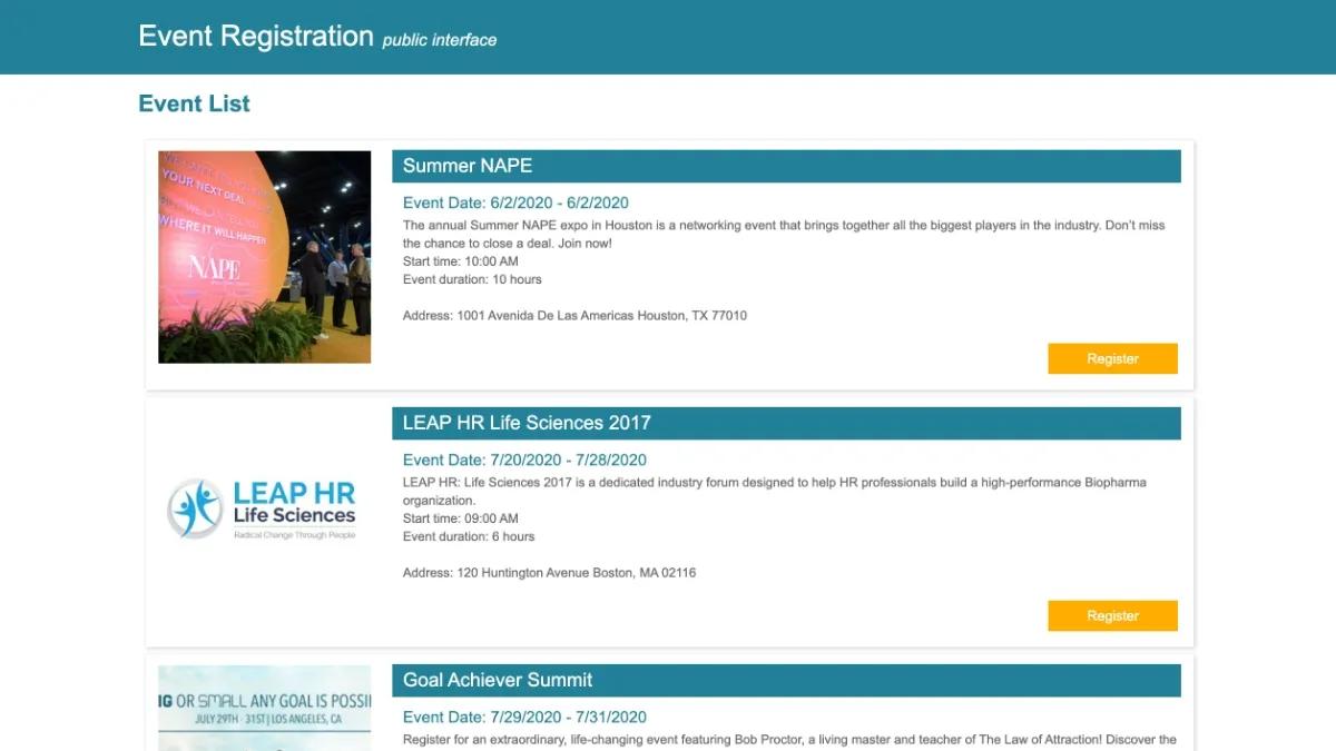 Screenshot of a sample public view of an events listing page on Caspio's Event Registration app.