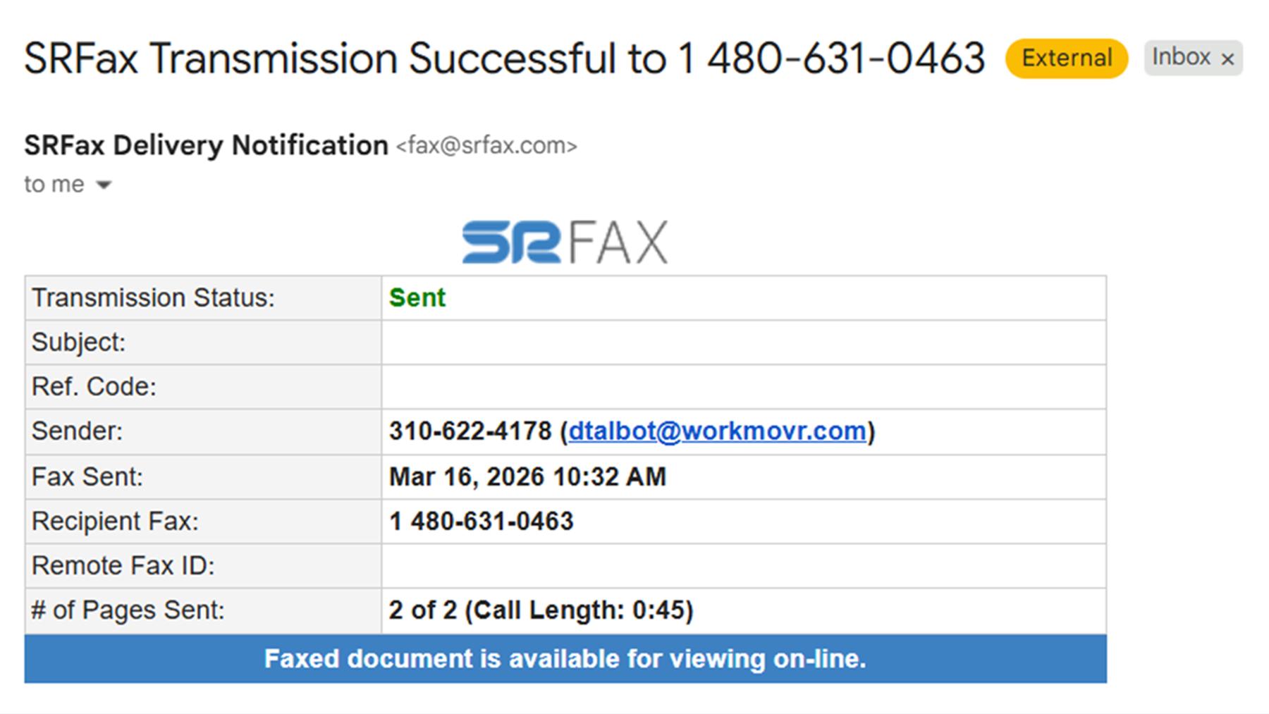 An SRFax delivery notification email confirming successful fax transmission with sender, recipient, timestamp, and pages sent.