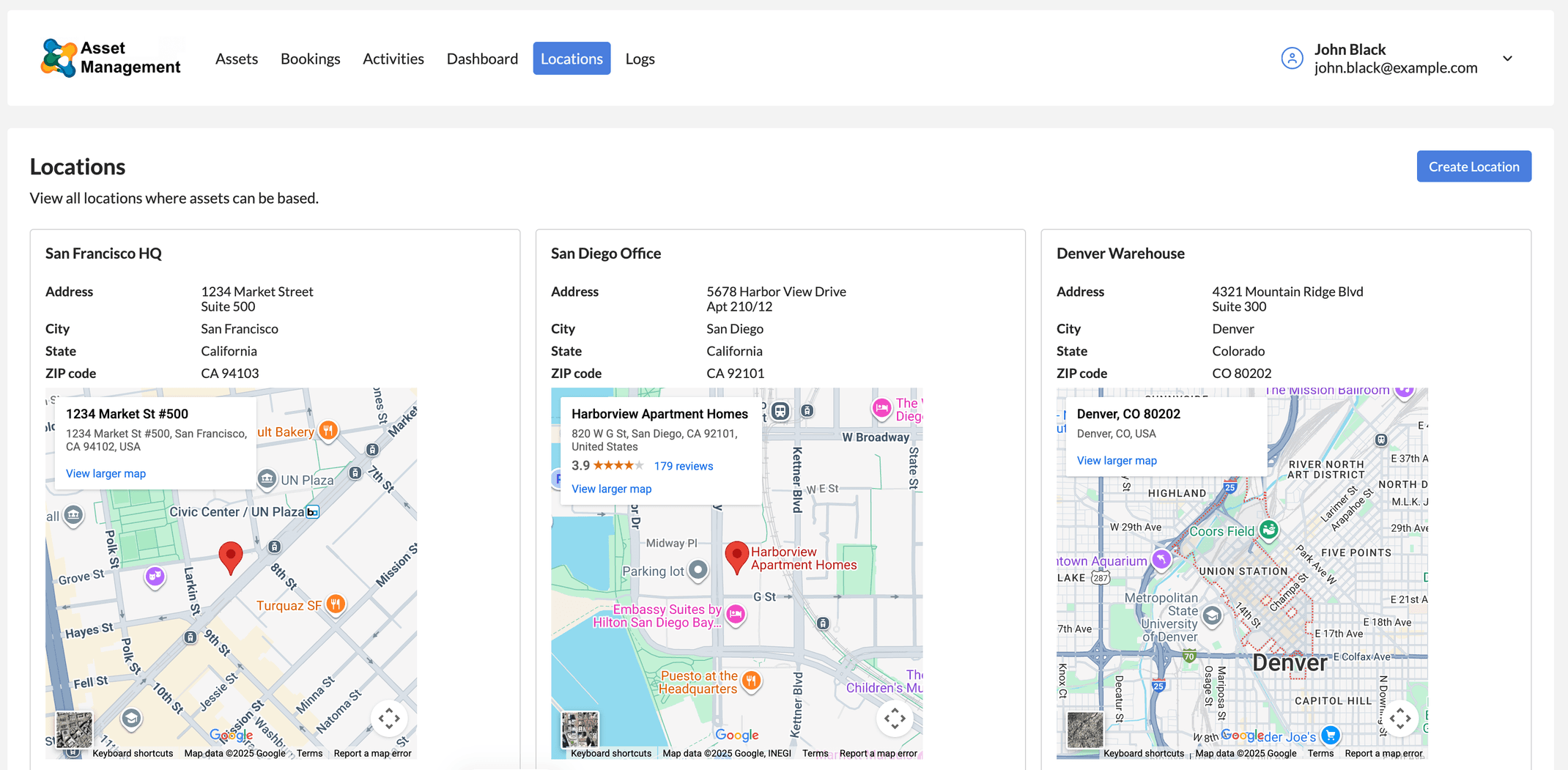 Location management view showcasing addresses and map details.