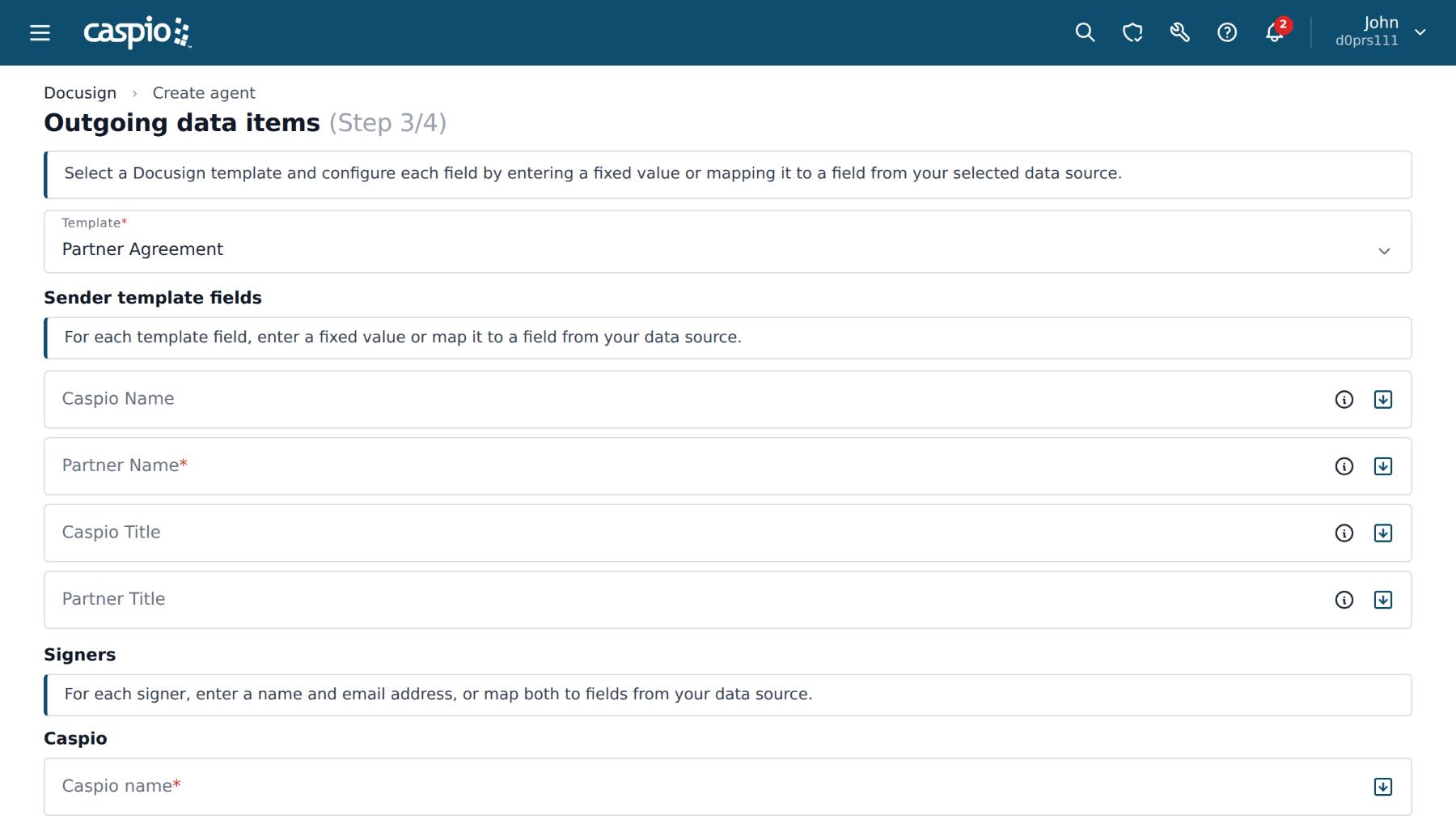Outgoing data items step in the Docusign extension, mapping Caspio app fields to a Partner Agreement template for senders and signers.