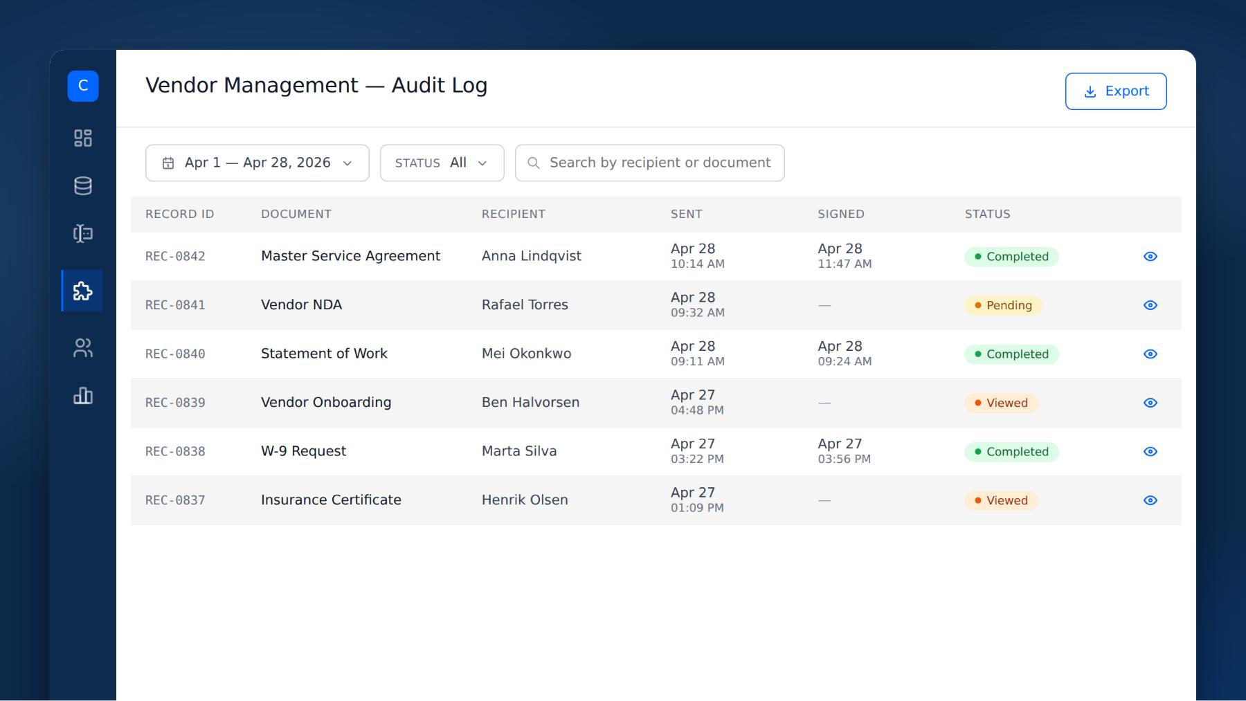 Audit Log in a Vendor Management app, listing every Docusign request with record ID, document, recipient, sent and signed timestamps, and status.