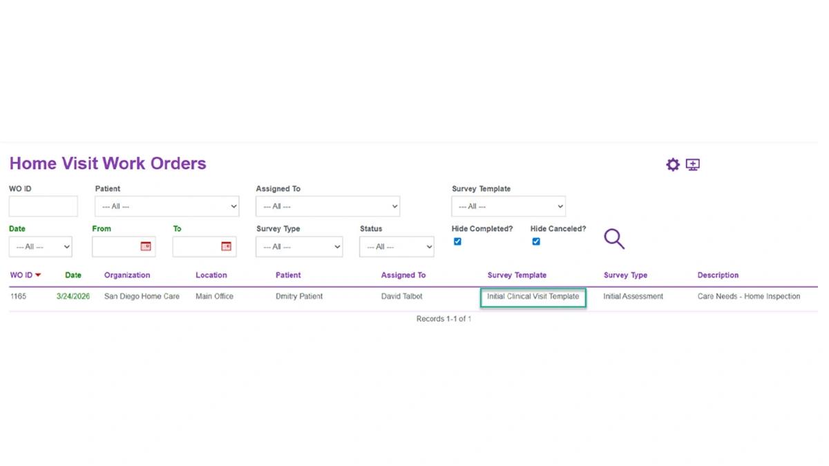 View of the Home Visit Work Orders list in the WorkMovr Field Service mobile app, filtering by patient, date, and survey template with one assigned inspection record visible.