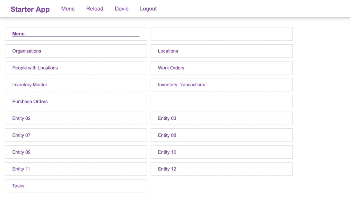Main menu in the Business App Starter Kit, listing core entities like Organizations, Locations, Inventory Master, Purchase Orders, and eight reusable generic tables.