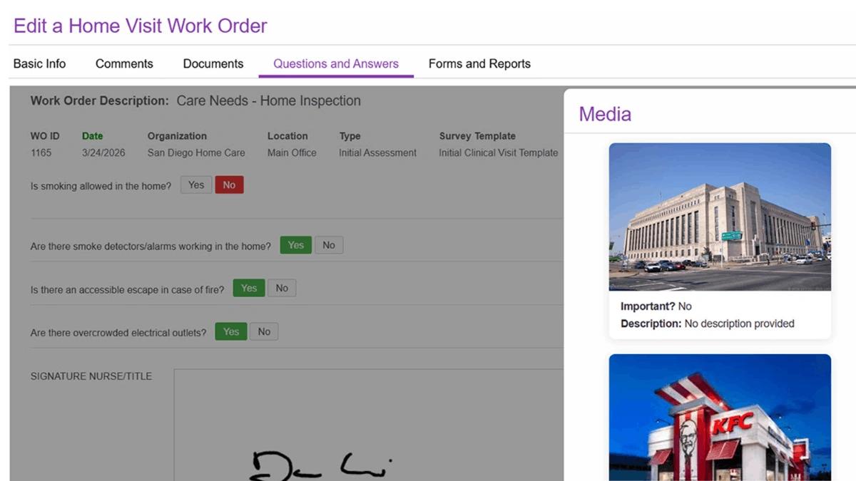 Edit Home Visit Work Order screen in the WorkMovr Field Service mobile app, showing synced inspection answers alongside an expandable Media panel of attached field photos.