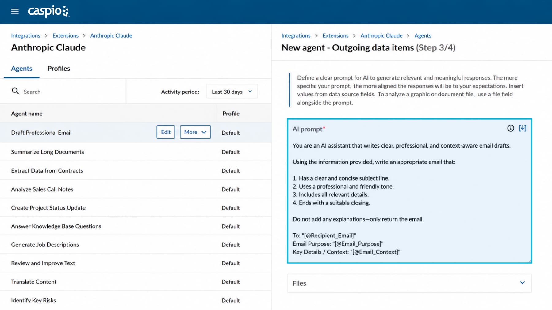 New agent setup screen in Caspio's Anthropic Claude extension, showing an AI prompt for drafting a professional email from recipient and context fields.
