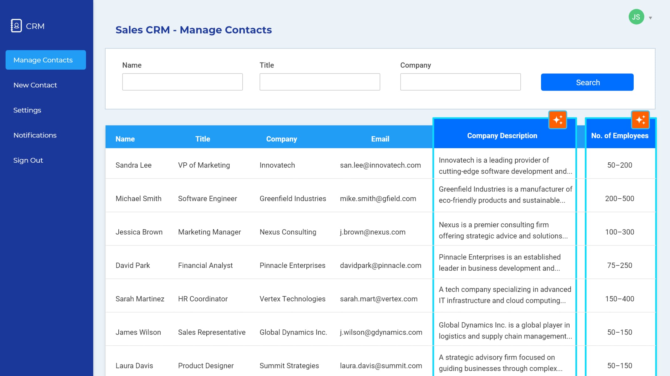 CRM application auto-populating company information using Caspio's Google Gemini extension.