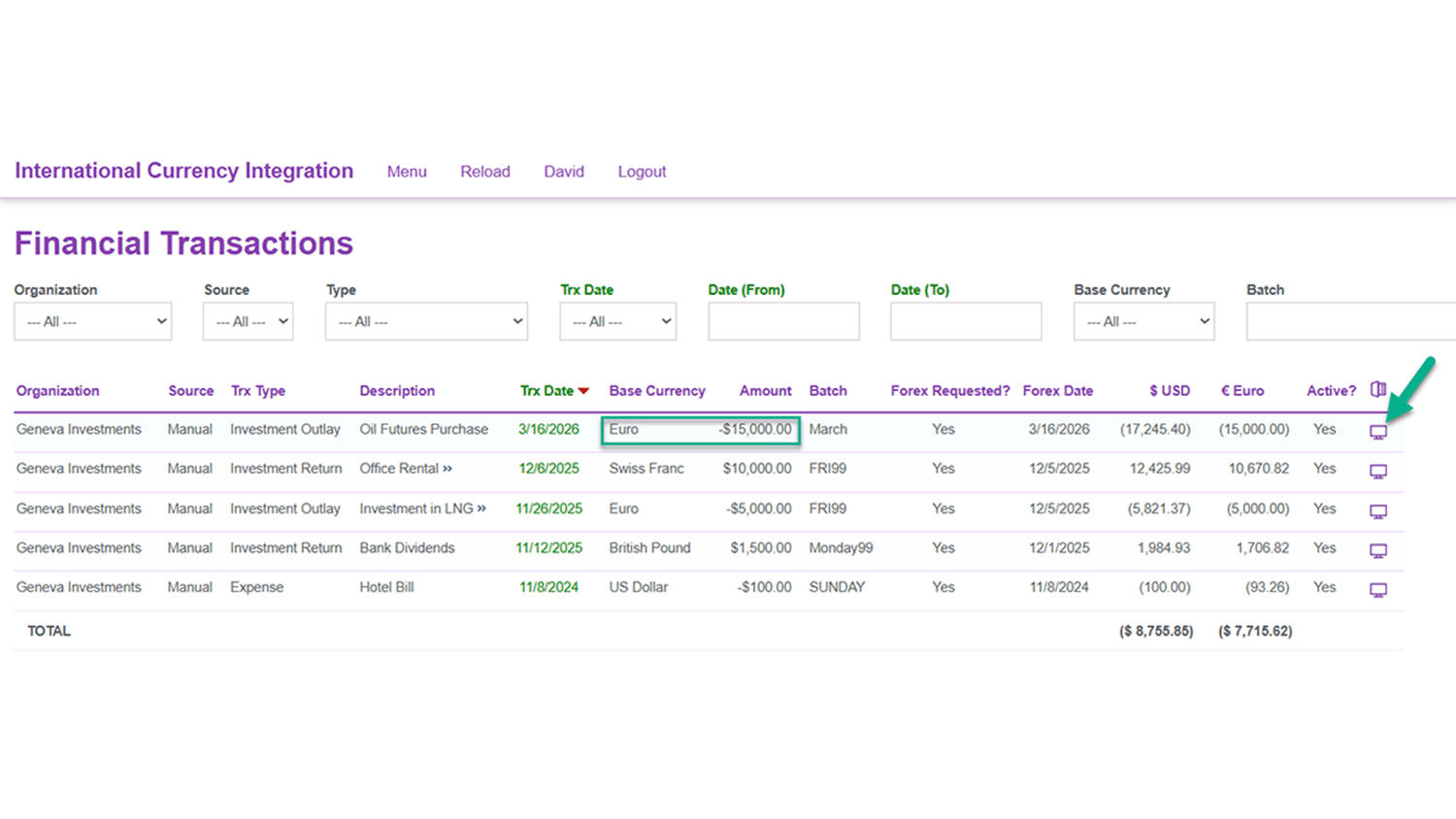 A “Financial Transactions” page in a web application highlighting the Base Currency and Amount fields.