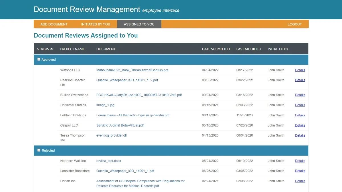 Screenshot of a sample list of documents assigned to the user on Caspio's Document Review Management app.