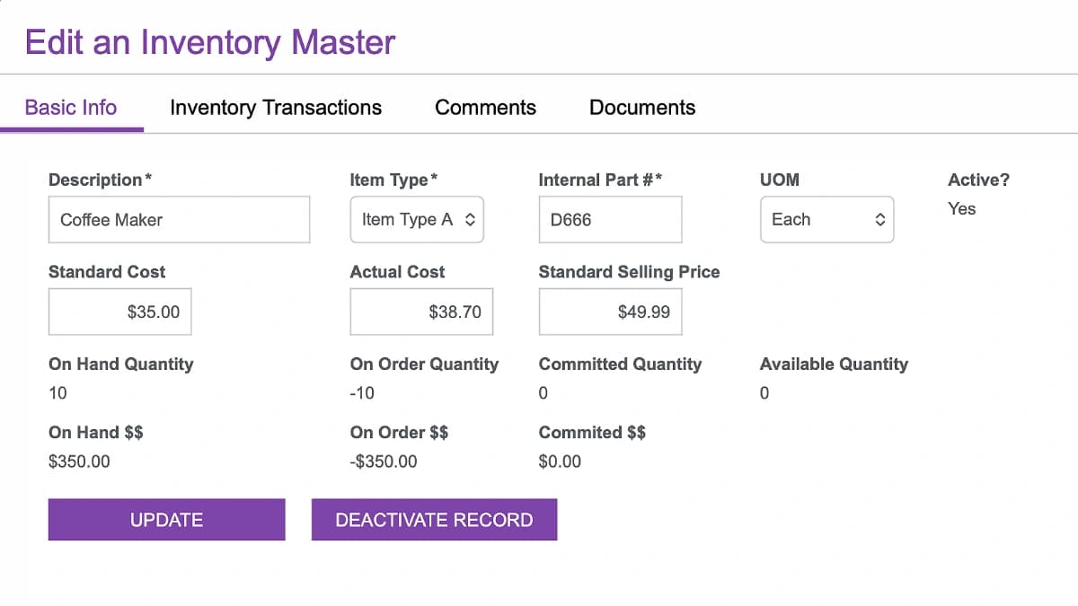 Edit Inventory Master screen in the Business App Starter Kit, displaying fields for item type, cost, pricing, and on-hand/committed quantities.