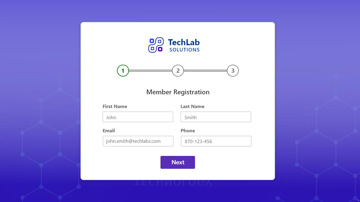 Screenshot of a sample member registration form made with Caspio's Multi Step Form extension.