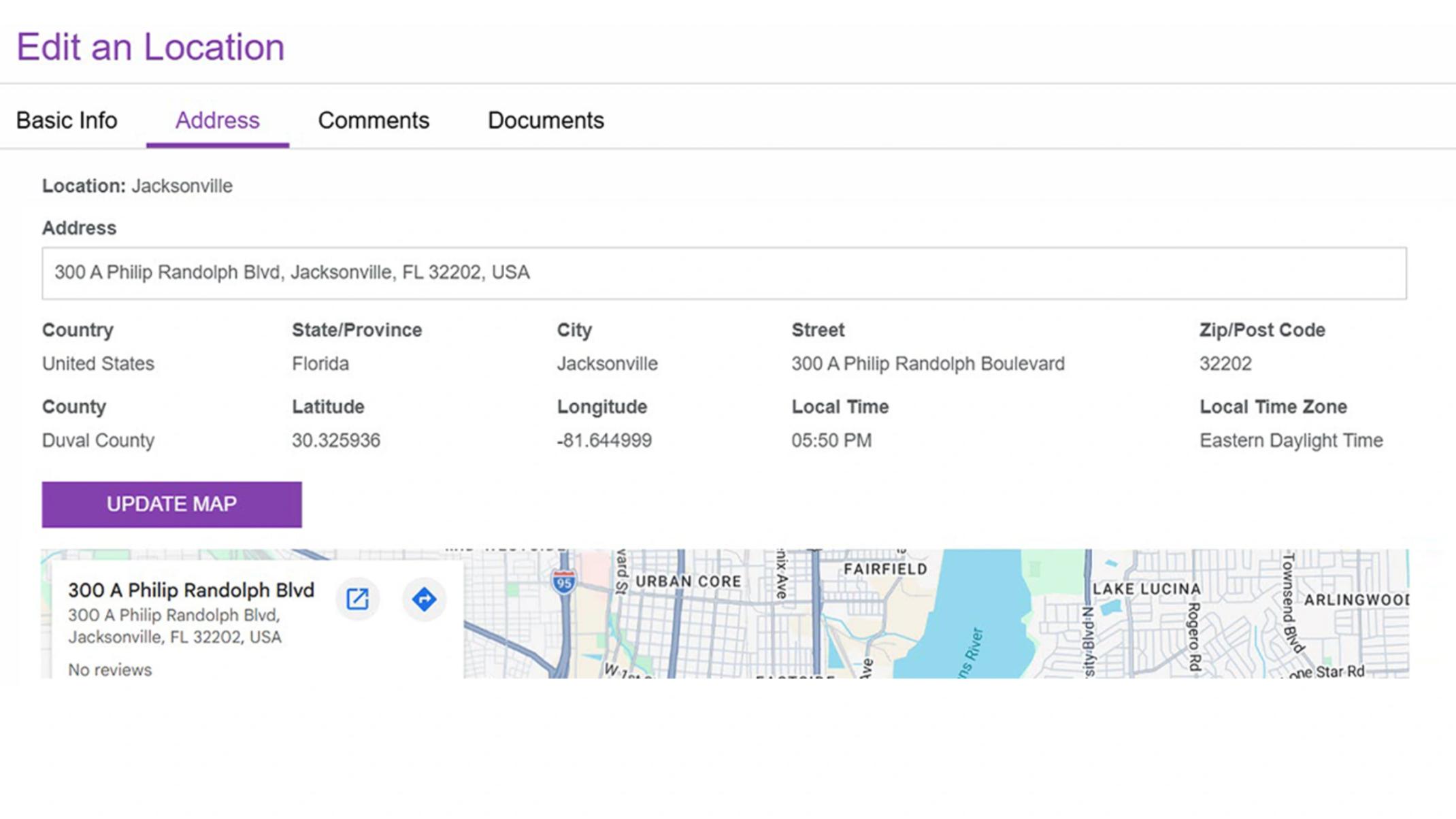 Address tab on the Edit Location form in a Field Service Manager, displaying a Jacksonville site address, lat/long, time zone, and embedded Google map.