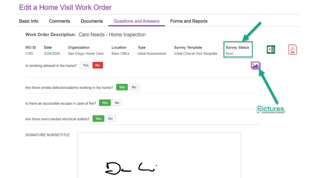 Questions and Answers tab in a WorkMovr work order, reviewing synced home inspection responses with color-coded answers, a nurse signature, and media link.