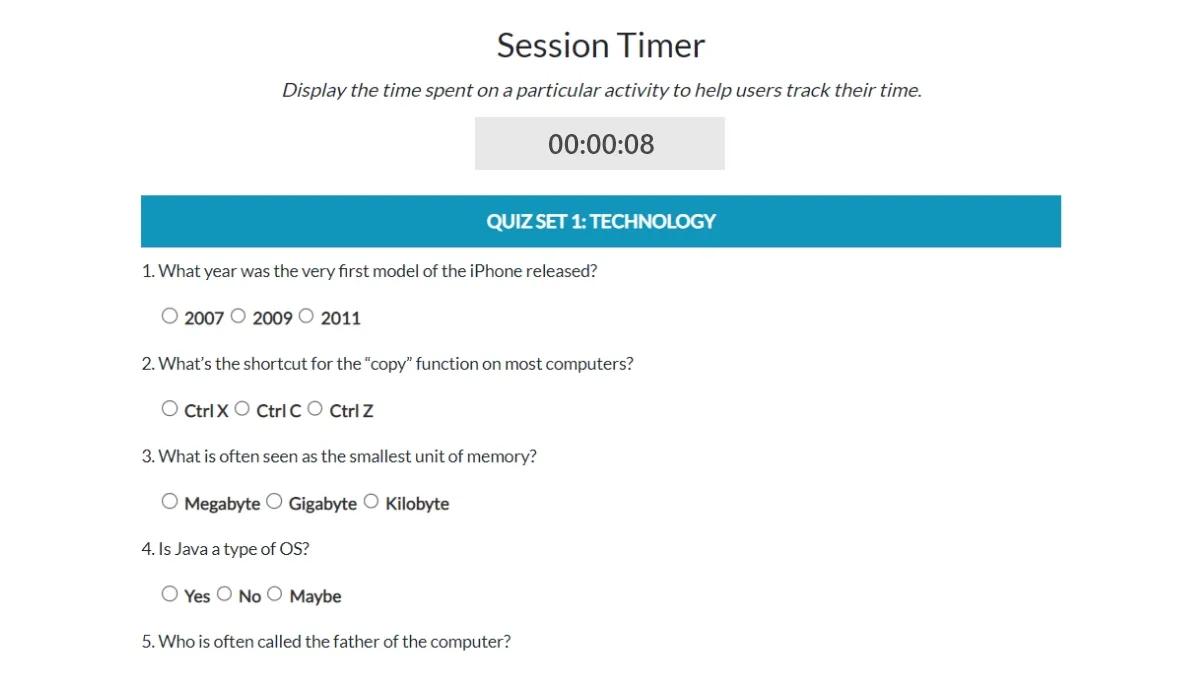 Screenshot of a sample page using Caspio's Session Timer extension.