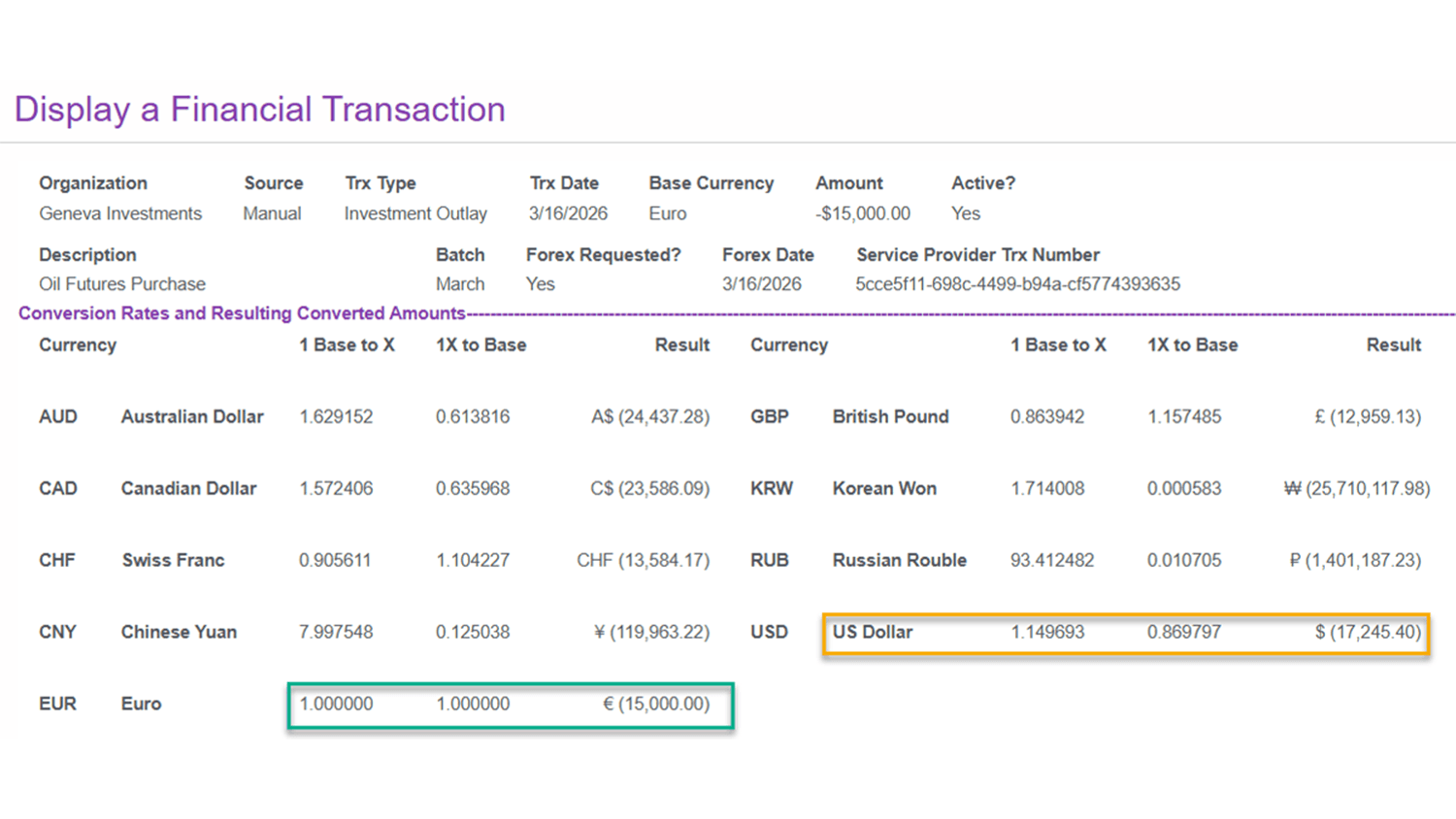 A page for displaying financial transactions, highlighting the conversion rates and their resulting converted amounts.