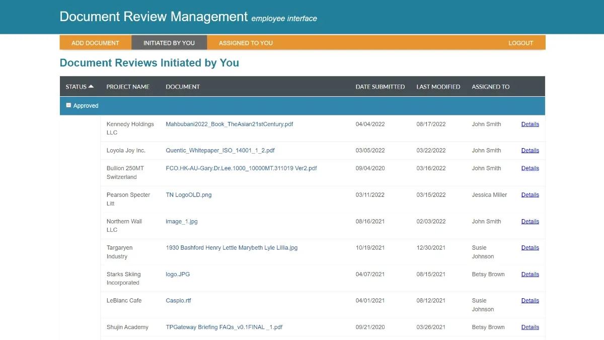 Screenshot of a sample documents database on Caspio's Document Review Management app.
