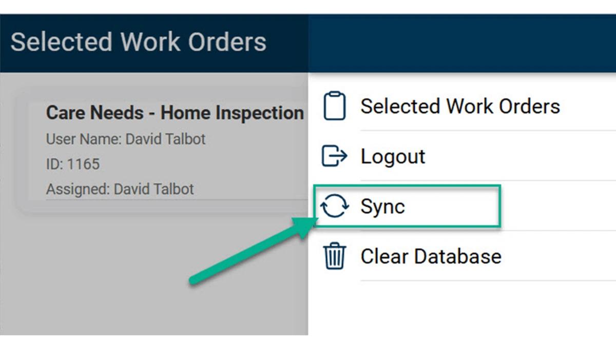 Selected Work Orders menu in the WorkMovr Field Service mobile app, displaying assigned work order details and a Sync option to push completed inspections to the server.