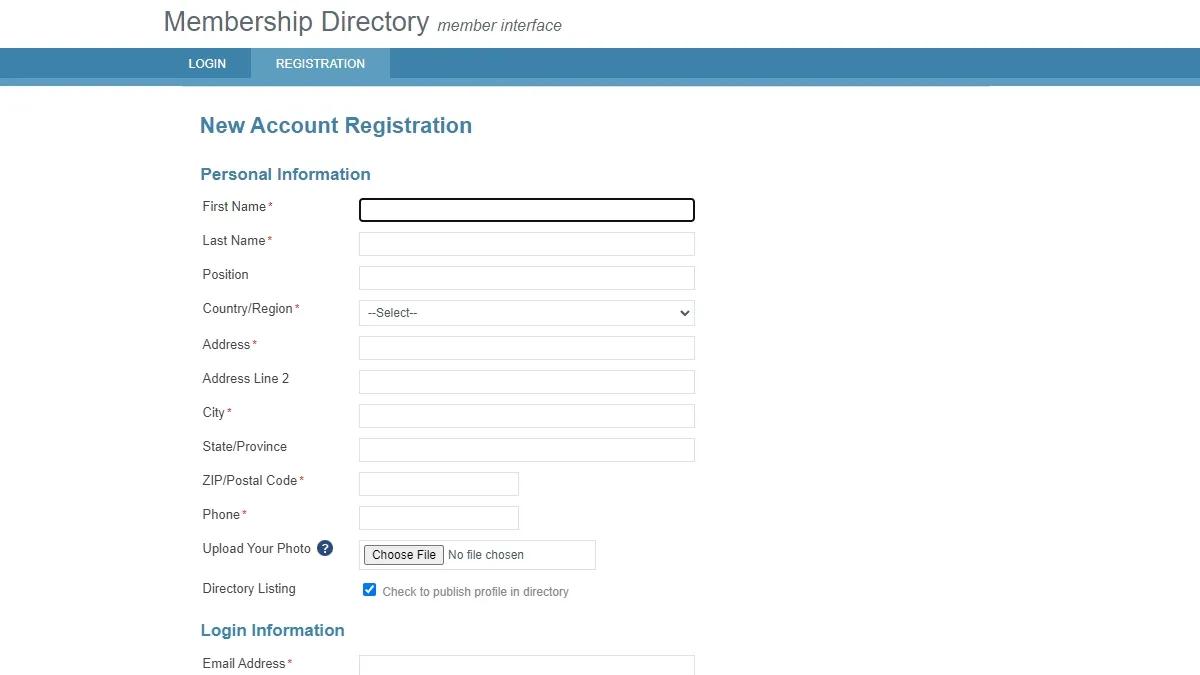 Screenshot of a sample account registration page on Caspio's Membership Directory app.