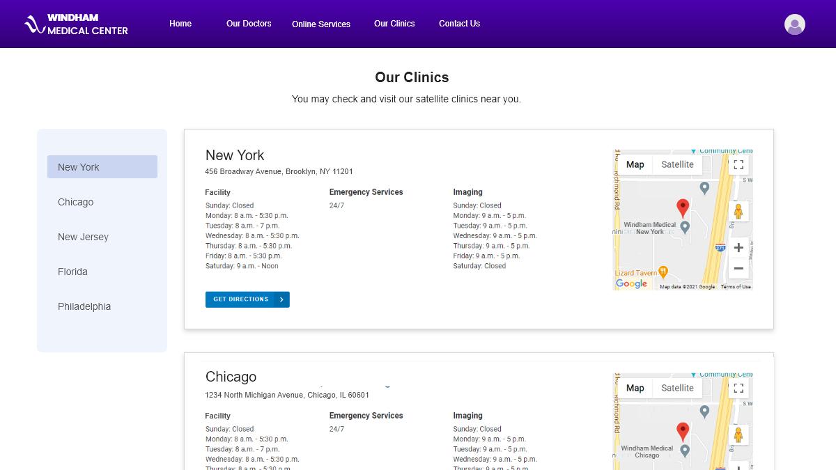 Screenshot of a sample listing of clinic locations using Caspio's Map List extension.