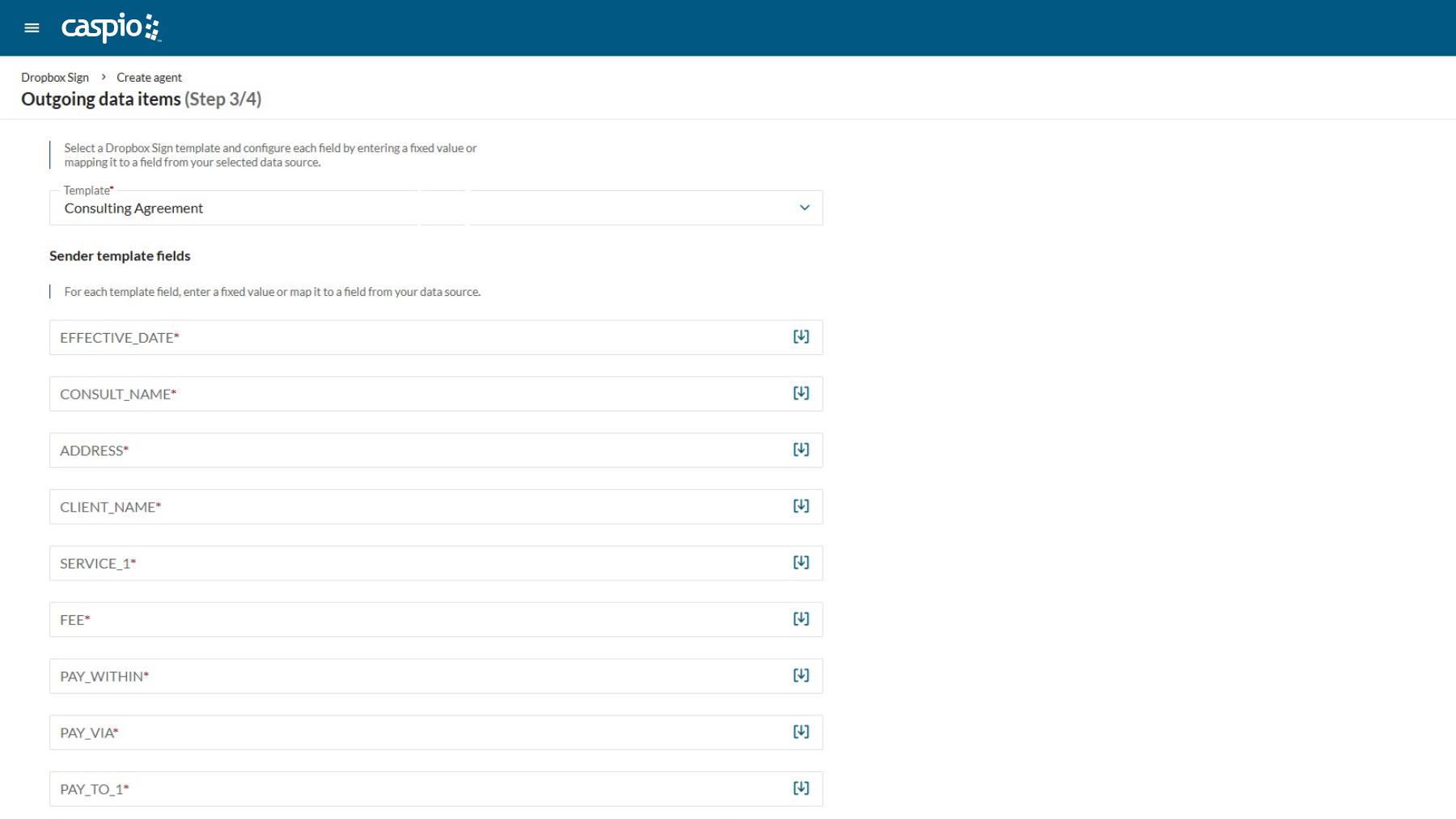 Outgoing data items step in the Dropbox Sign extension, mapping Caspio app fields to a Consulting Agreement template's sender fields.