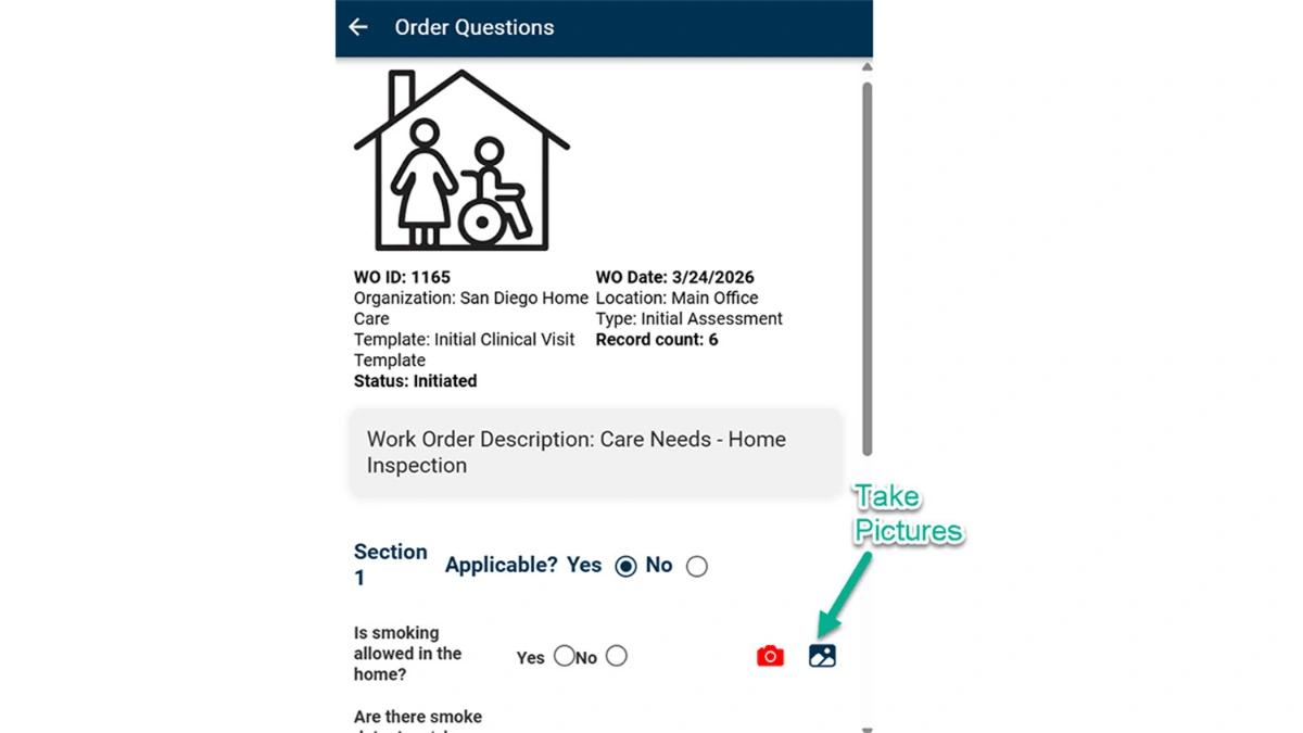 Order Questions screen in the WorkMovr Field Service mobile app, displaying work order details for a home inspection with options to capture photos per question.