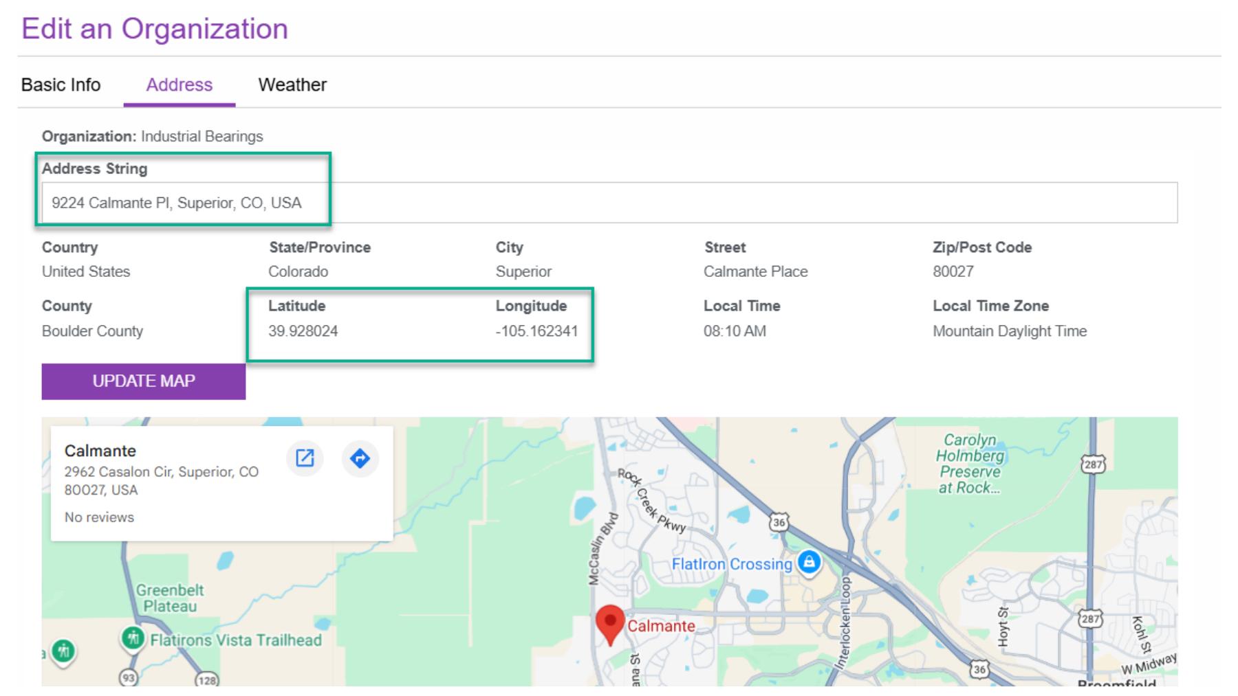 Address tab in a Visual Crossing Integration, geocoding an organization address into latitude, longitude, and a map location.