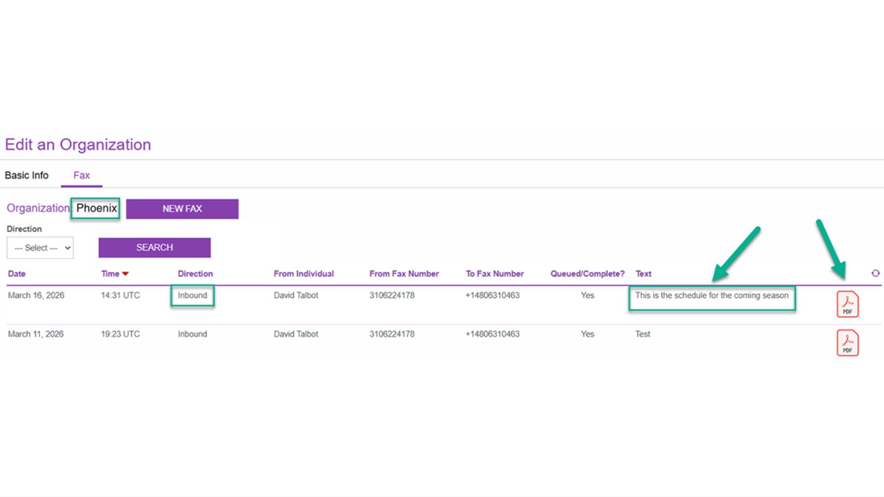 The inbound fax log in an SR Fax Integration app, listing received faxes with date, sender number, delivery status, and PDF attachments.