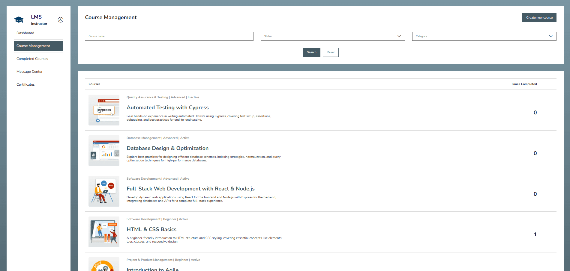 Course management workspace for instructors to search, filter, and manage courses, view completion counts, and create new courses.