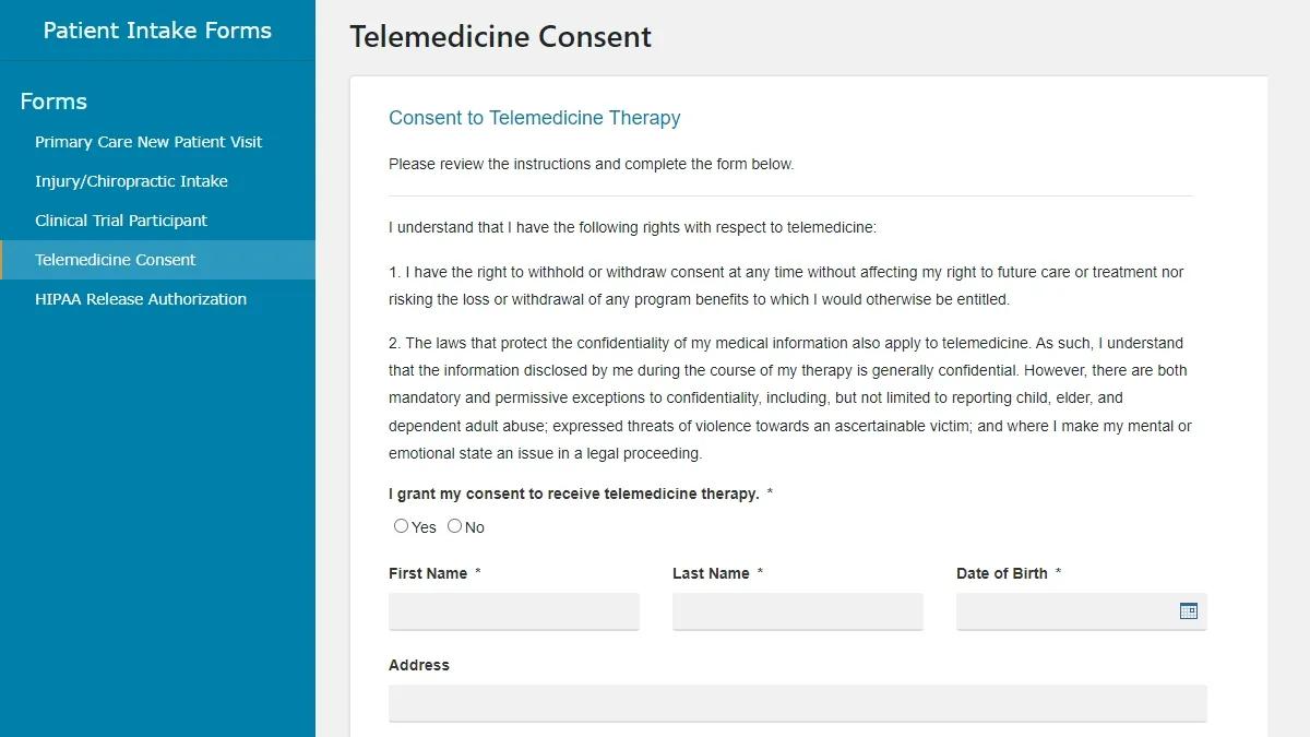 Screenshot of a sample "Telemedicine Consent" form on Patient Intake Forms app.