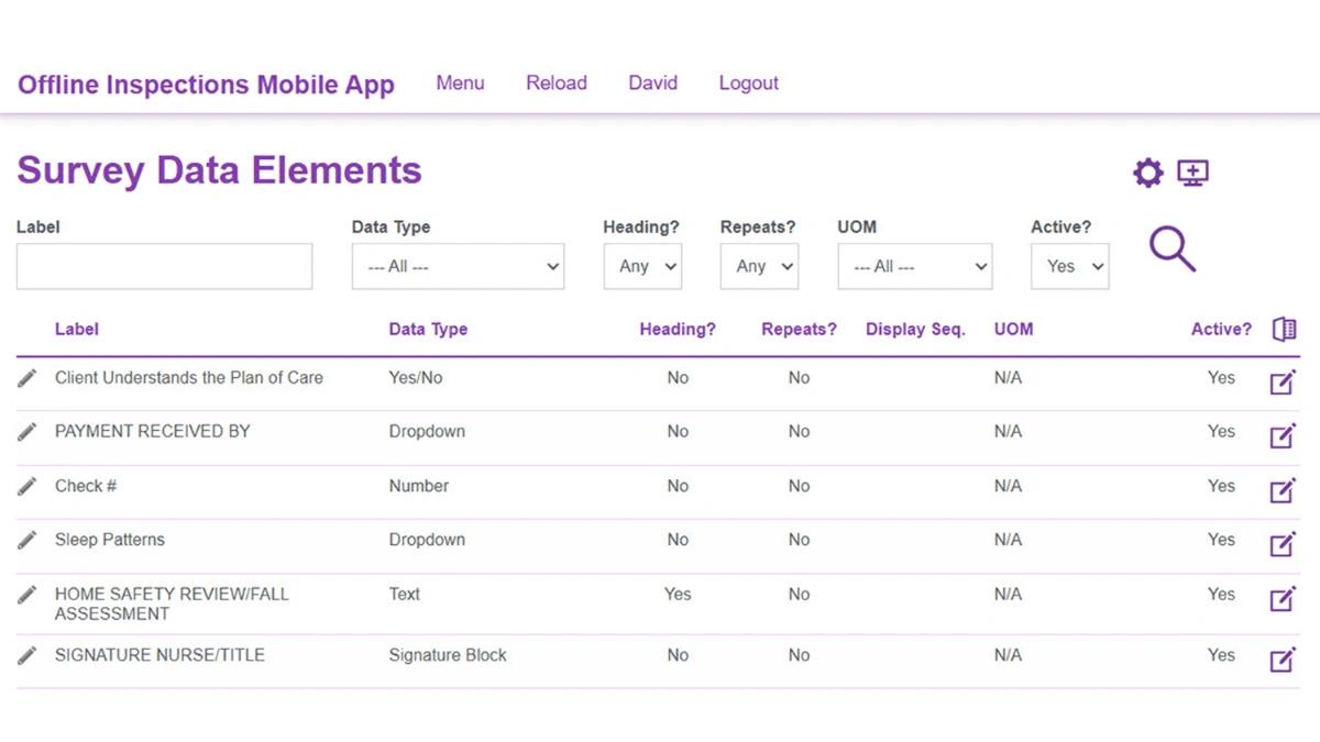 Survey Data Elements screen in the WorkMovr Field Service mobile app, listing reusable inspection questions with data type, heading, and active status columns.