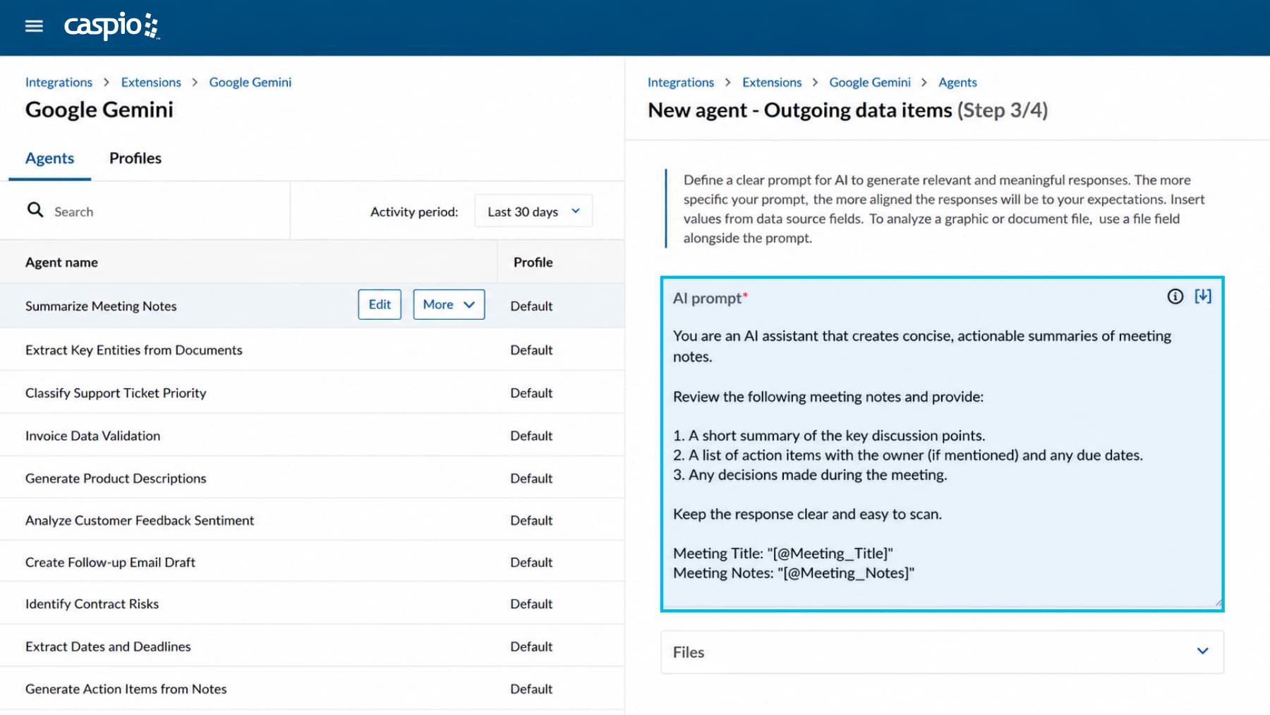 New agent setup screen in Caspio's Google Gemini extension, showing an AI prompt that summarizes meeting notes into action items and decisions.