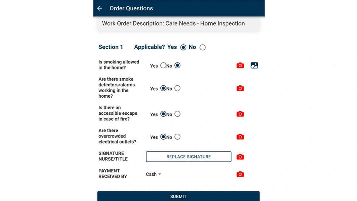 Order Questions screen in the WorkMovr Field Service mobile app, for capturing yes/no home safety answers, a nurse signature, and payment method.