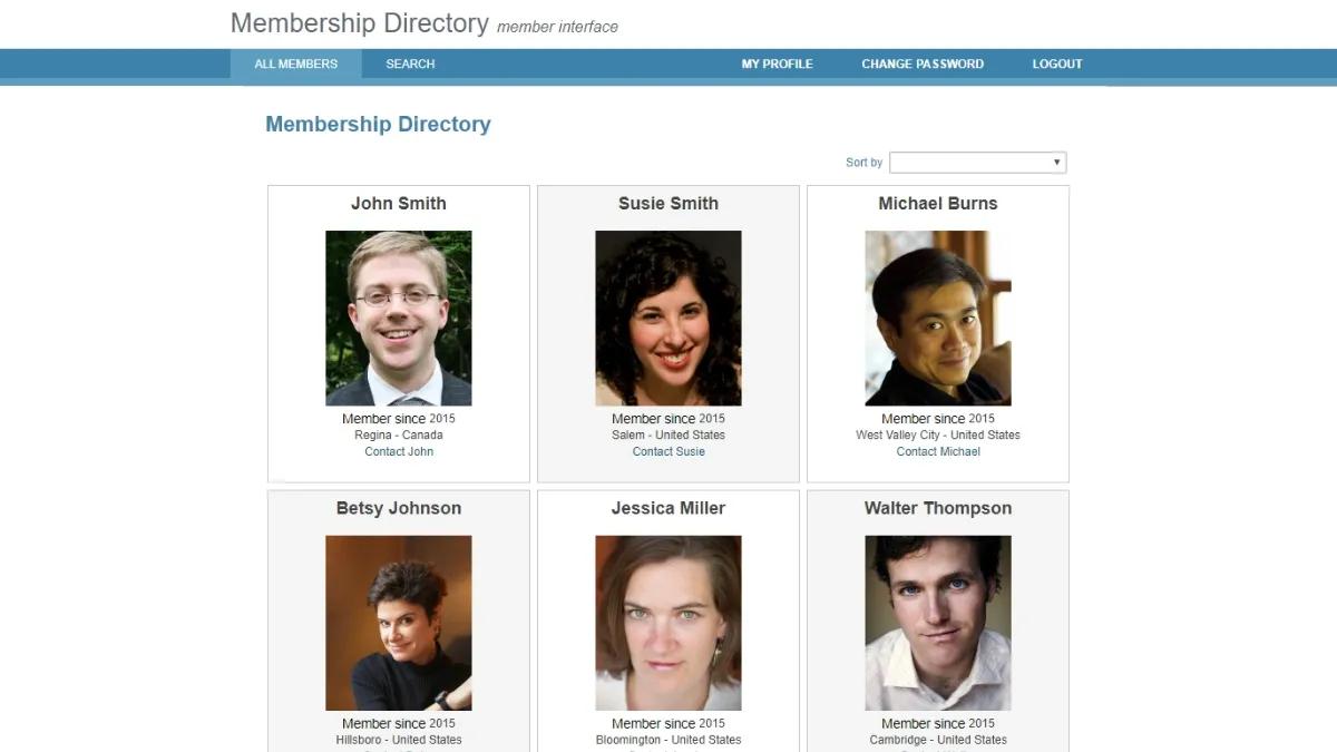 Screenshot of a sample members directory interface on Caspio's Membership Directory app.