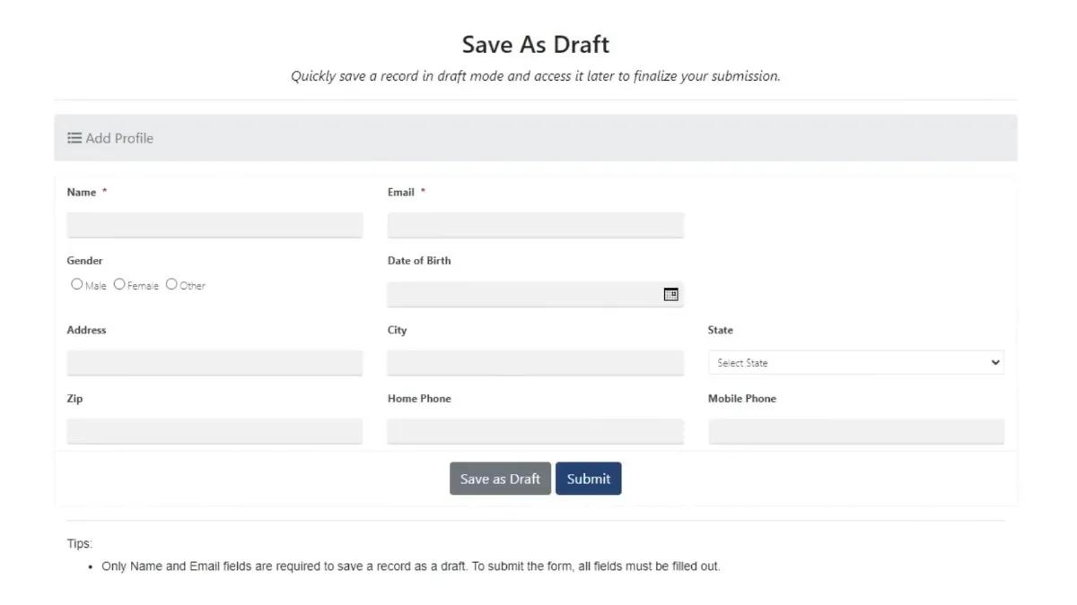 Screenshot of a sample form using Caspio's "Save as Draft" extension.
