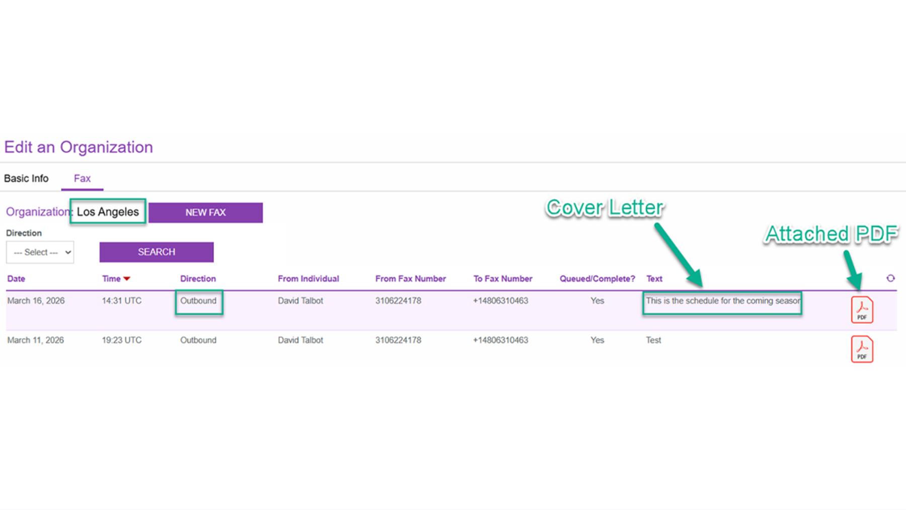 The outbound fax log in an SR Fax Integration app, listing sent faxes with date, time, recipient number, delivery status, cover letter, and PDF attachment.