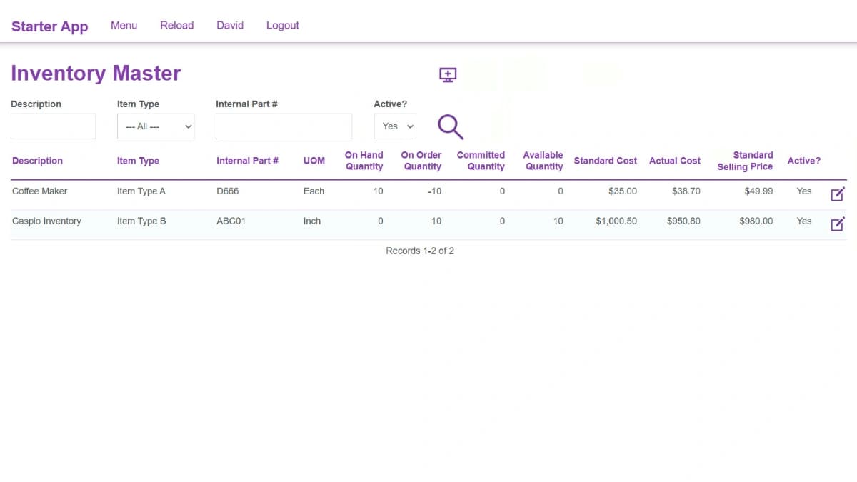 Edit an Inventory Master record in the Business App Starter Kit, showing item type, internal part number, unit costs, selling price, and on-hand quantity fields.