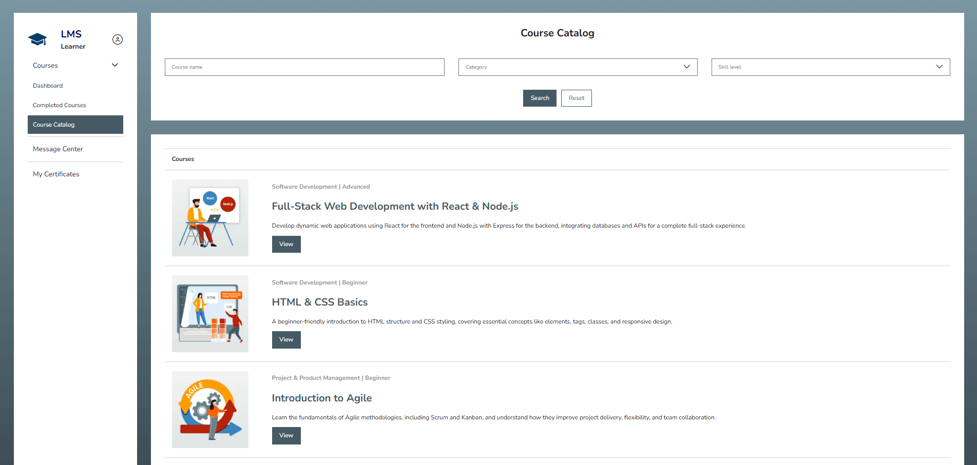 Learner-facing course catalog where users can browse and filter courses by name, category, or skill level, then open detailed views to enroll.