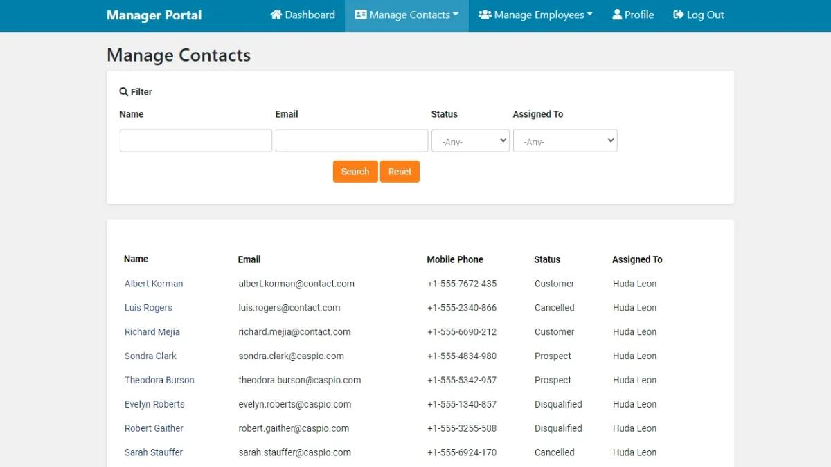 Screenshot of a sample "Manage Contacts" interface on Caspio's Custom CRM app.