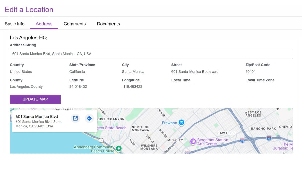 Address tab of a Location record in the Business App Starter Kit, presenting parsed address fields, latitude, longitude, time zone, and an embedded Google Map.