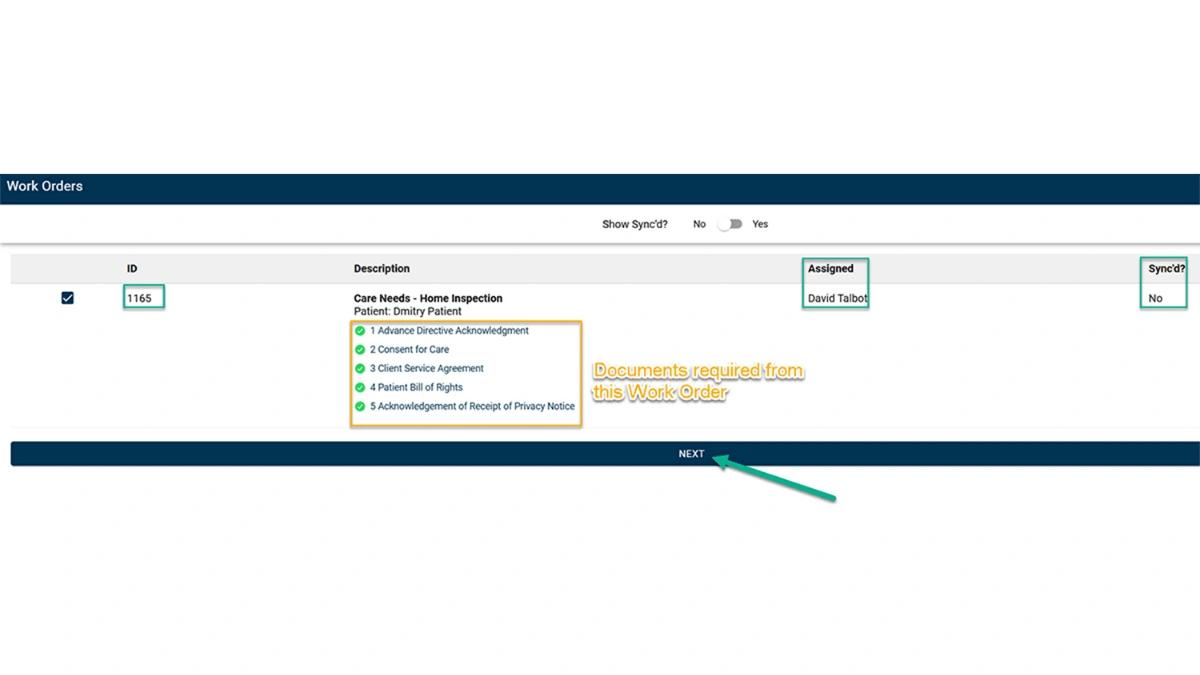 Work Orders selection screen in the WorkMovr Field Service mobile app, listing a Care Needs home inspection with required intake documents and a Next button.
