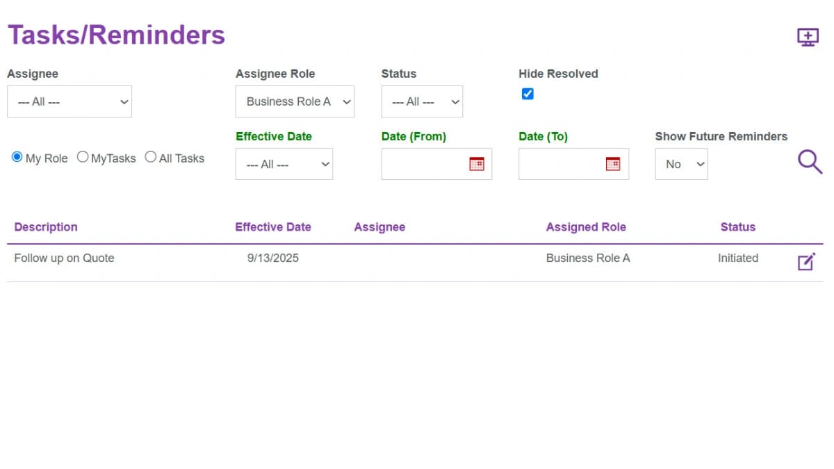 Tasks and Reminders dashboard in the Business App Starter Kit, listing assignee, role, status, and effective date with My Role, My Tasks, and All Tasks scoping.