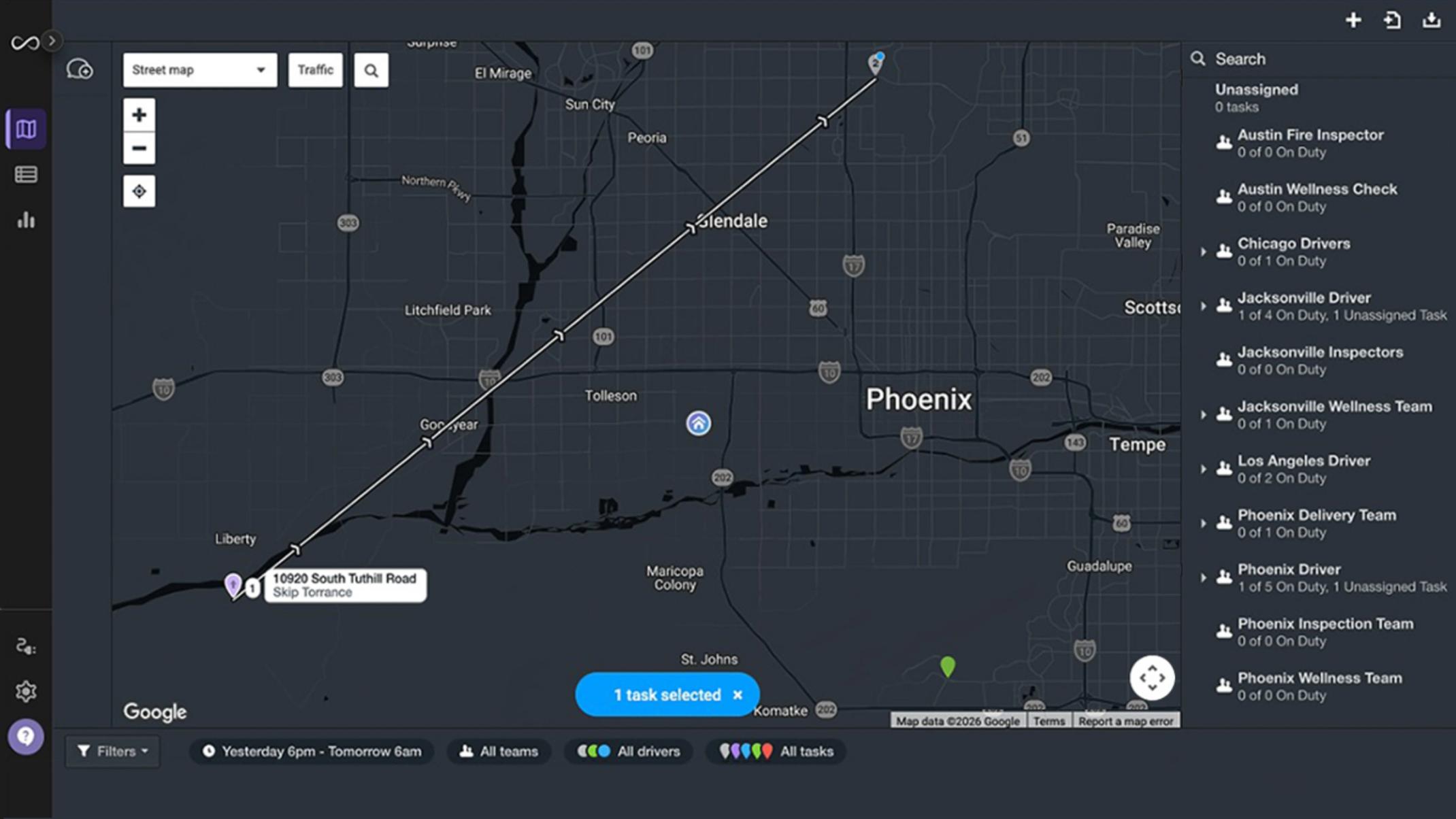 Onfleet map view linked to Field Service Manager, plotting task pins across Phoenix with a side panel listing on-duty teams by region.